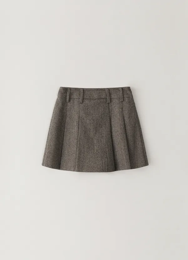 Herringbone Pleated Skirt-Pants - Brown