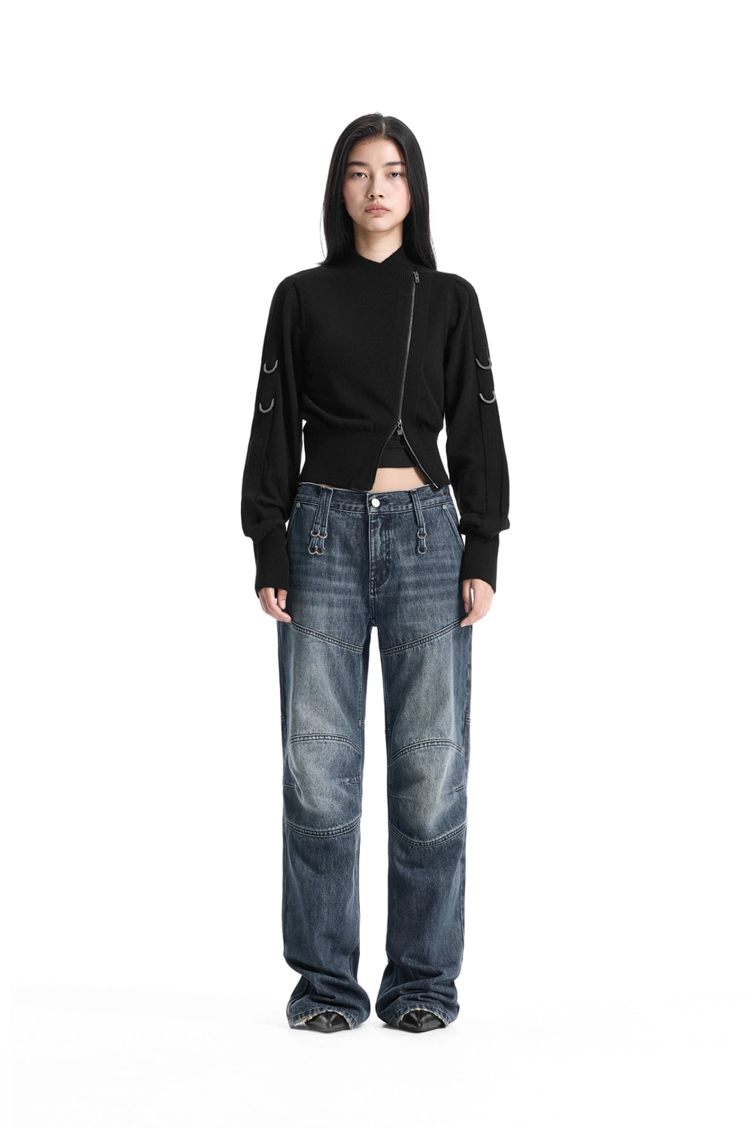 트리밍버드 Sleeve D-ring Diagonal Zip Cardigan [ Black ] 상품 이미지 2
