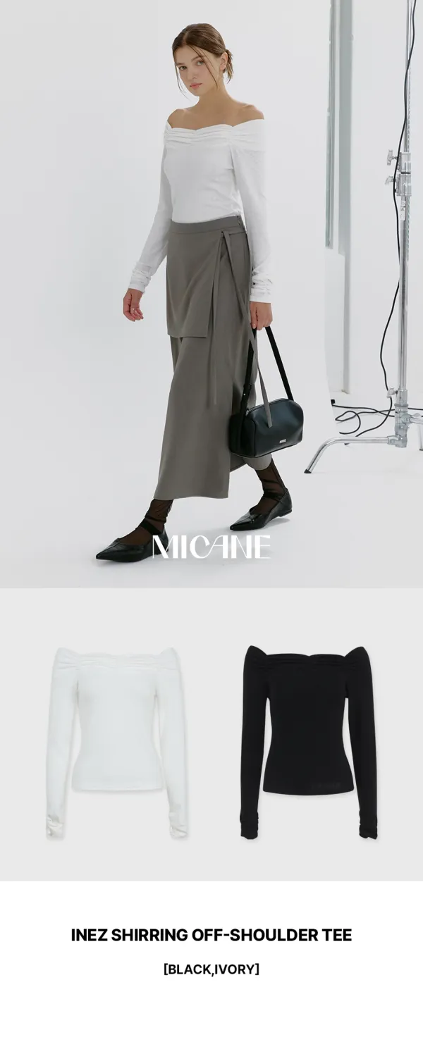 [44-120]  Inez Shirring Off-Shoulder Tee  이네즈 셔링 오프숄더 티 (가을-봄-데일리룩-데이트룩-출근룩-페미닌-클래식-오프숄더-티셔츠-긴팔티셔츠-티-다이마루-자체제작)