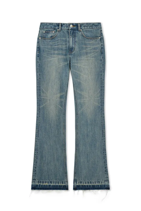 WASHED POINT BOOTS CUT DENIM PANTS IN BLUE