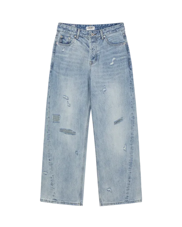 CHECK PATCHWORK DENIM PANTS [LIGHT BLUE]