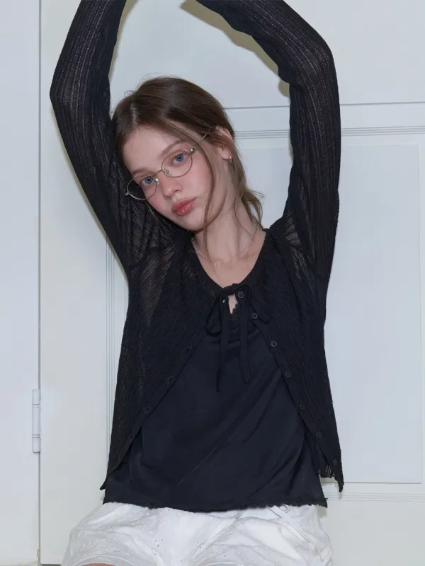 [SET] Loana strap knit cardigan (black)+Rosa lace sleeveless (black)