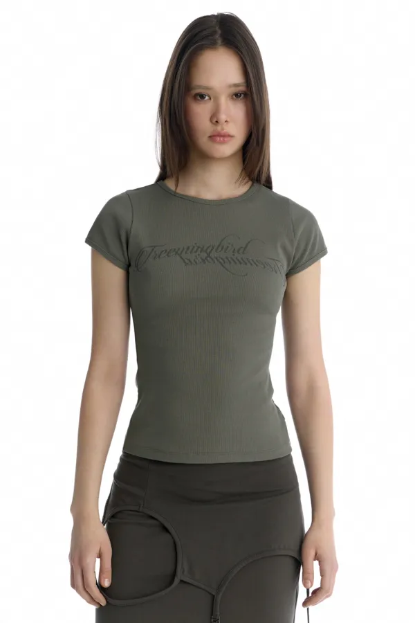 Double Script Logo Ribbed T-Shirt [ Khaki ]