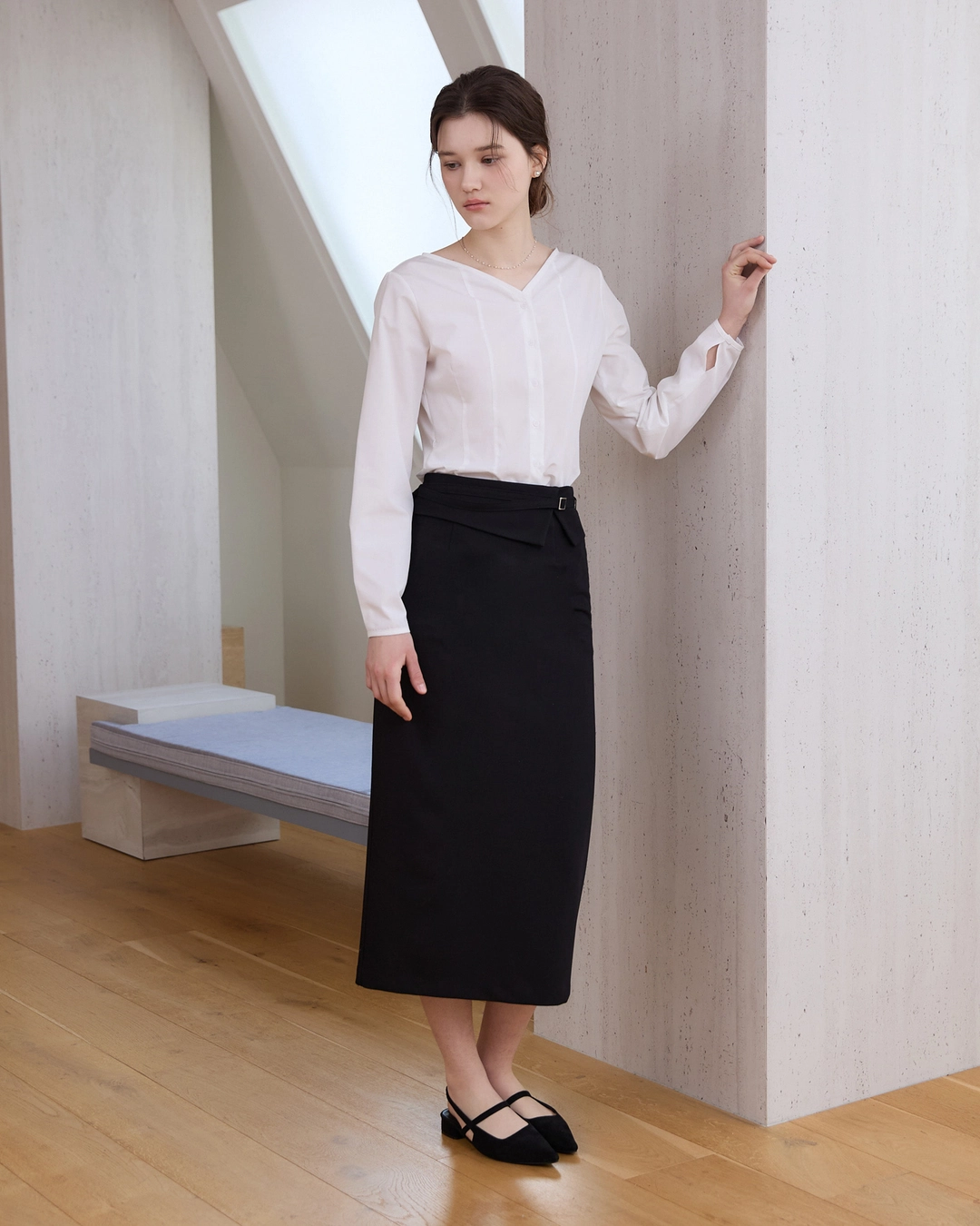 어다울 Classic belted H line long skirt - black 상품 이미지 3