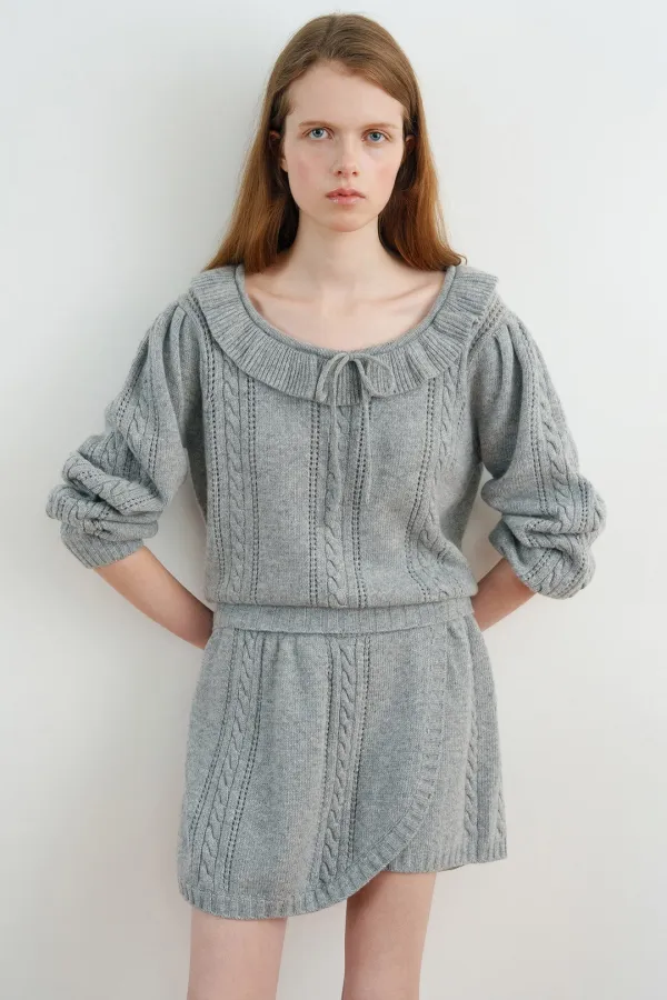 Ruffle Cable Knit Pullover (Melange Grey)