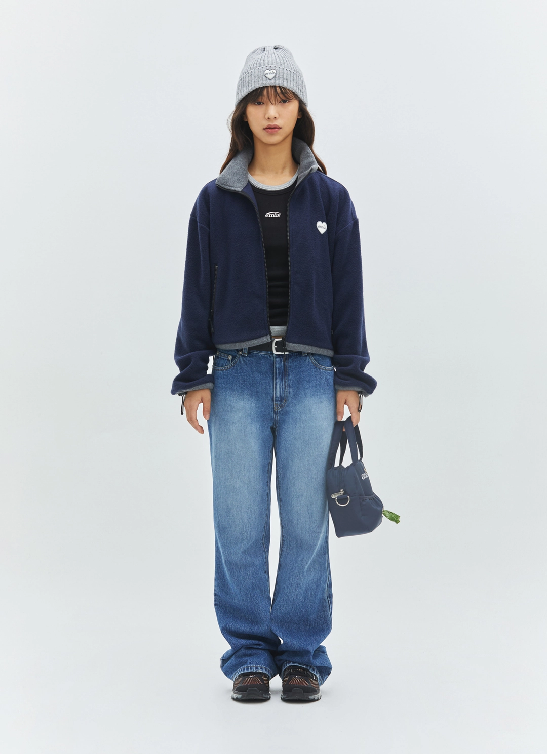 이미스 (W) CROPPED HEART WAPPEN ZIP UP FLEECE-NAVY 상품 이미지 2