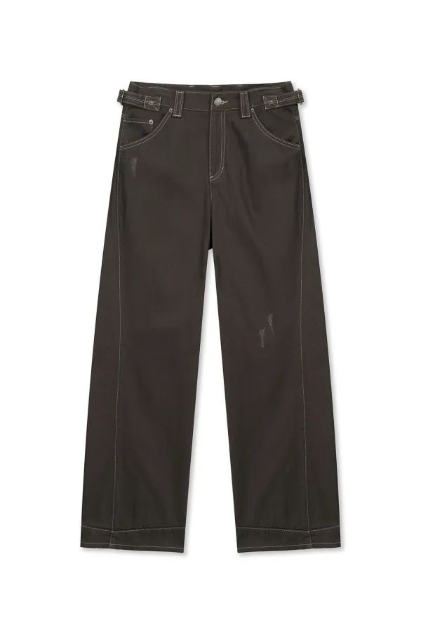 WAIST BUCKLE STITCH POINT TWILL DENIM PANTS IN BROWN