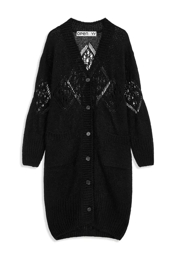 ALPACA ARGYLE POINTELLE LONG CARDIGAN, BLACK