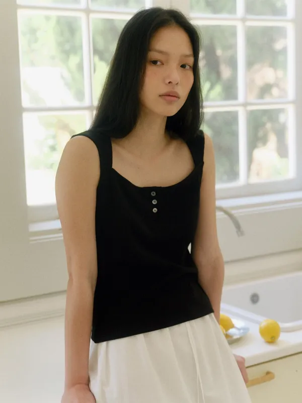 Waffle button cap sleeve T-shirt_black