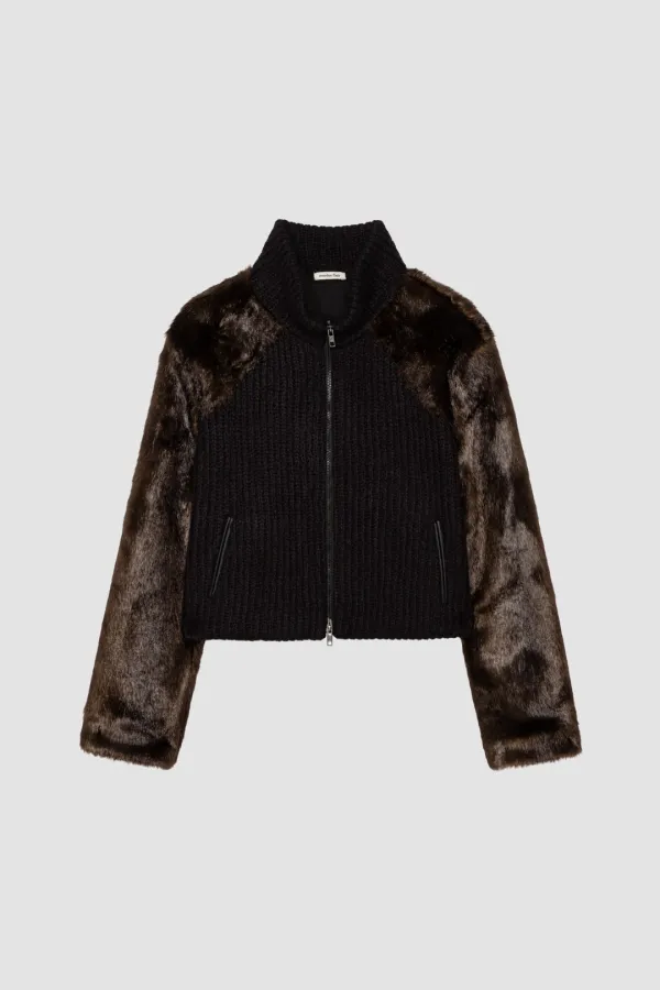 FUR COMBI WOOL KNIT JACKET_BLACK BROWN