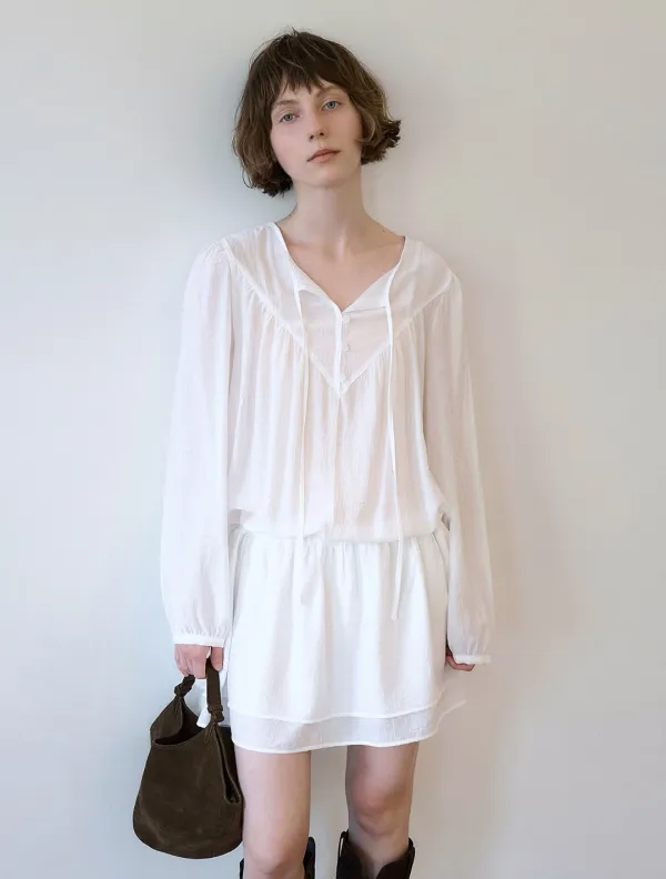 Button strap tiered mini dress_Ivory