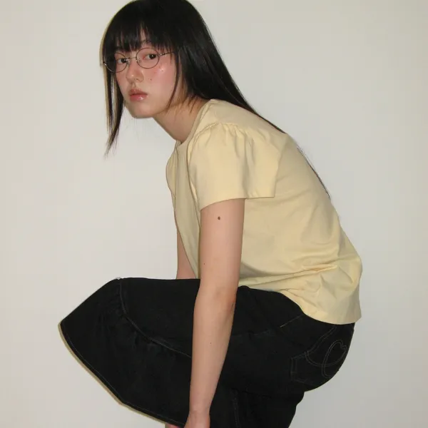 PUFF SHIRRING SHORT SLEEVE T SHIRT SOFT YELLOW