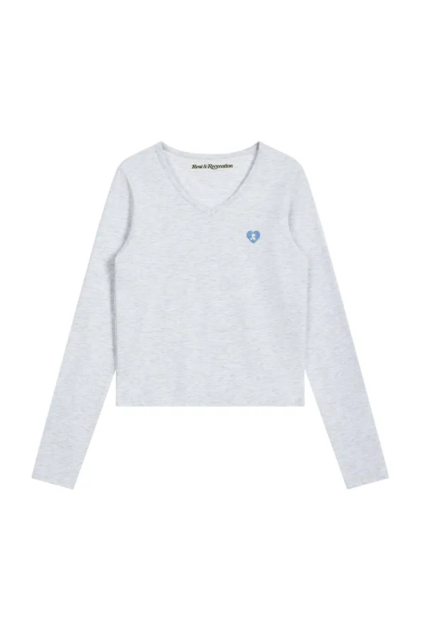 V-NECK HEART LOGO LONG SLEEVE - LIGHT GREY