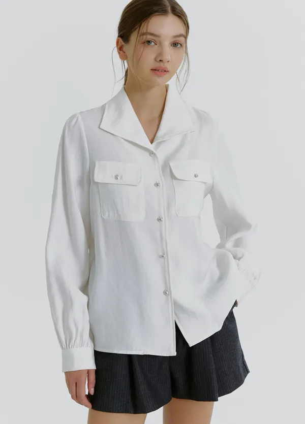 [44-120]  Moniani Poket Blouse  모니아니 포켓 블라우스 (가을-봄-하객룩-격식룩-출근룩-데일리룩-데이트룩-페미닌-클래식-긴팔블라우스-셔츠블라우스-오픈카라-루즈핏-자체제작)