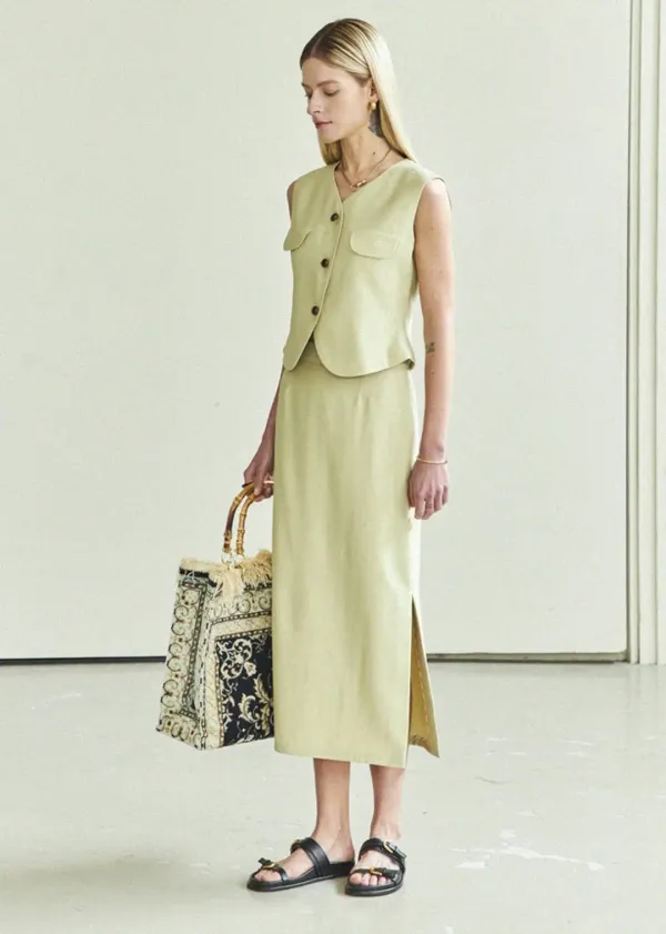 (SET) POCKET BUTTON VEST & H-LINE SLIT SKIRT_LIGHT YELLOW