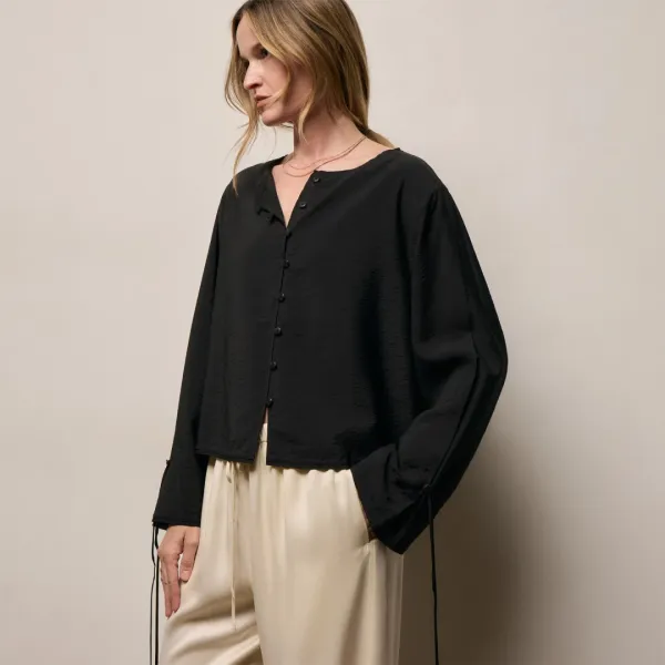 Modal Silk Blend Tie Up Blouse - Black