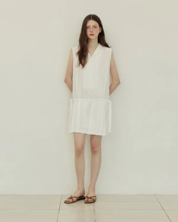 Sleeveless button pleats mini dress - white