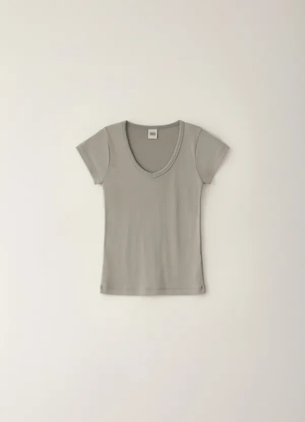 Cozy V-neck Short T-shirt - Khaki