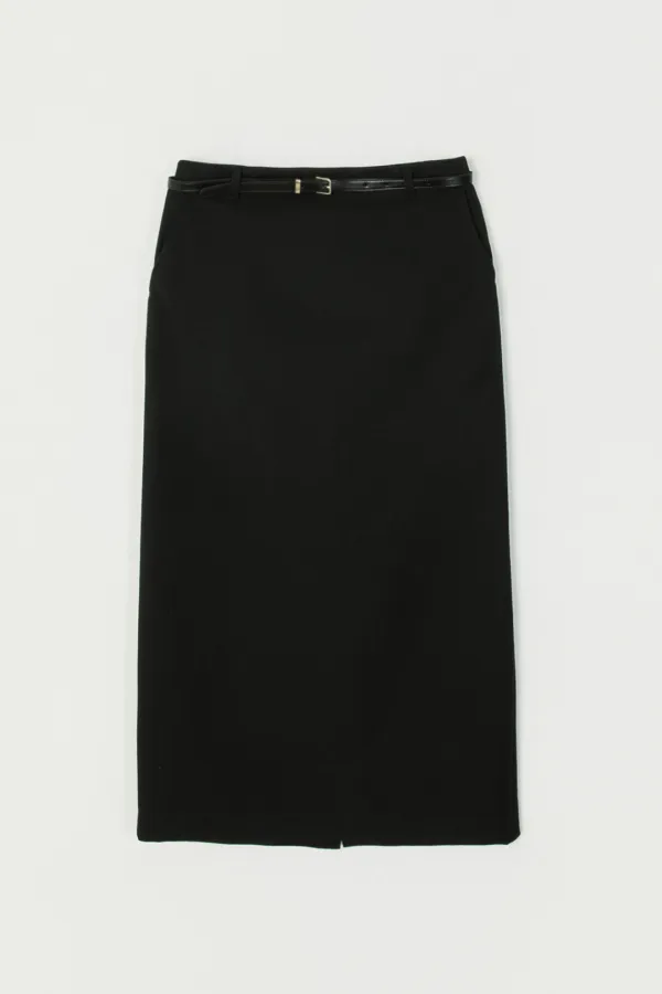BRENU WOOL LONG SKIRT (BELT SET)_BLACK