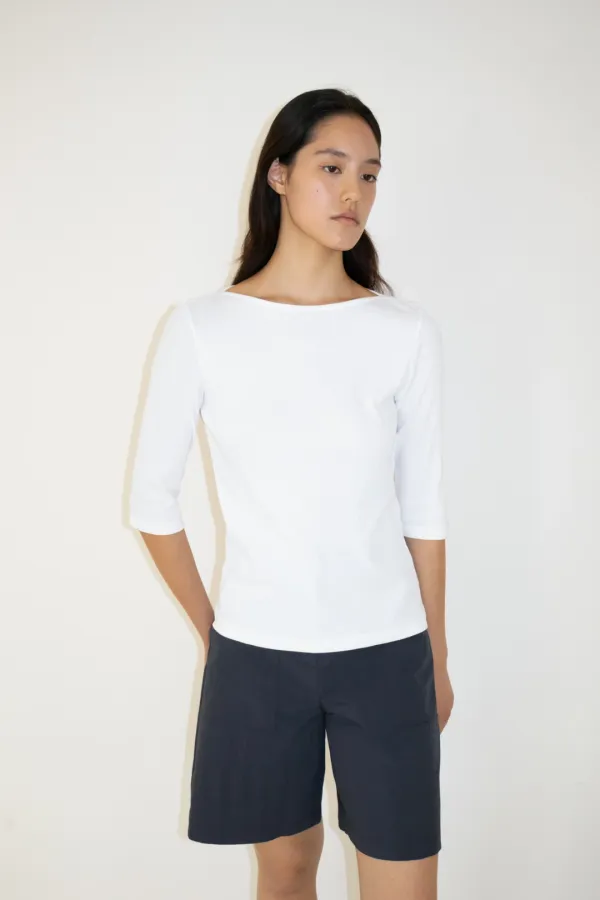 Ribbed Boat Neck Half Sleeve Top (White)