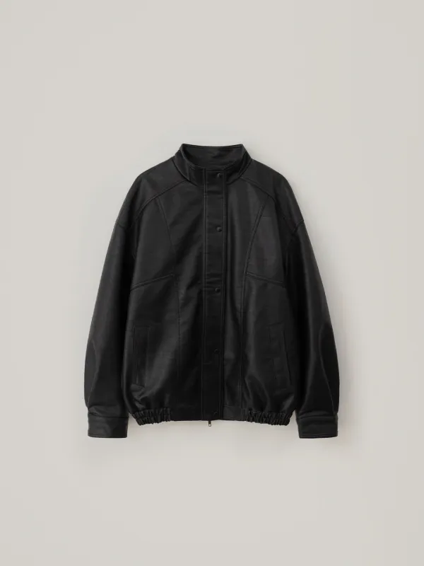 High Neck Oversized Leather Blouson - Black