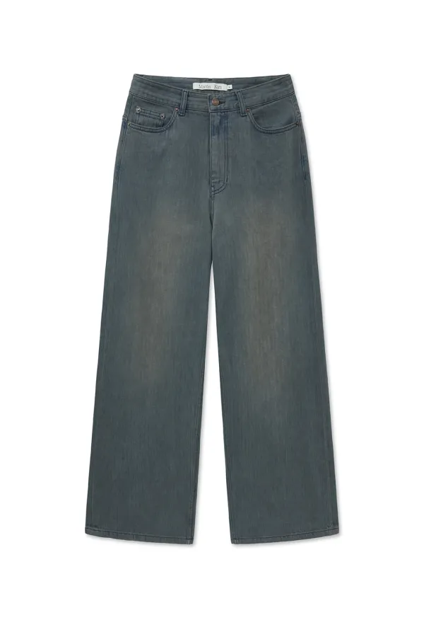 HERRINGBONE WIDE DENIM PANTS IN SMOKE BLUE