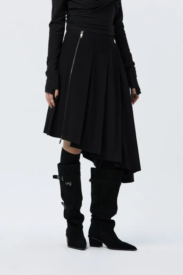 Pleated Asymmetric Skirt [ Black ]