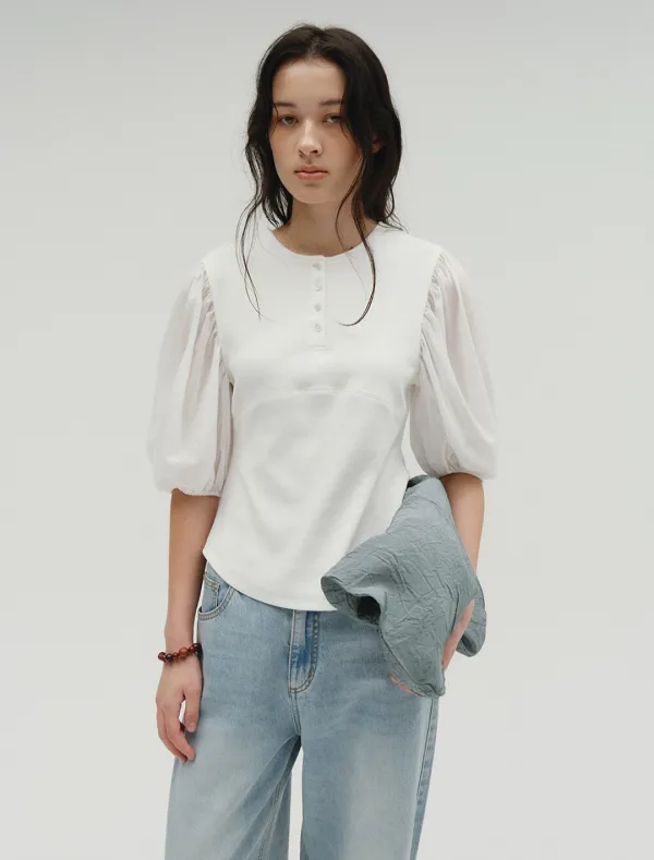 MIXED SHEER PUFF SLEEVE TOP [WHITE]