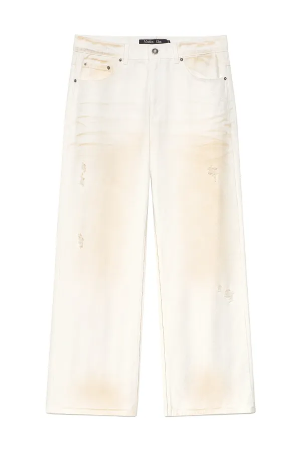 EMBO WASHED DENIM PANTS FOR MEN IN IVORY