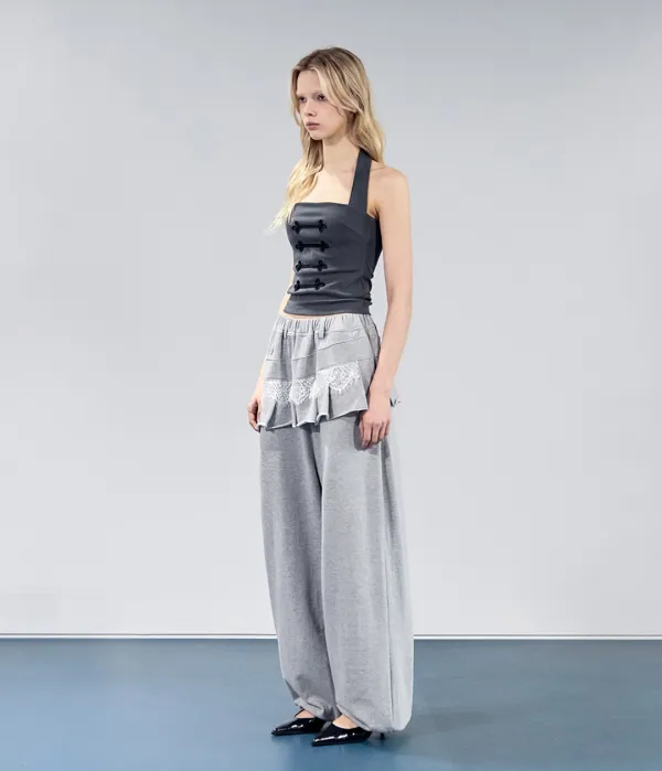 PLEATS LAYERED SWEATPANTS (GREY)