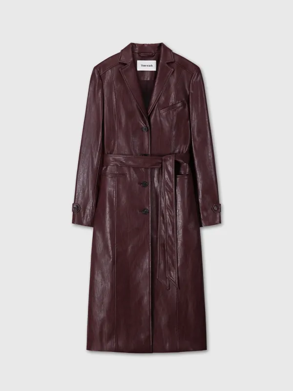 (W) FAUX LEATHER SINGLE-BREASTED LONG COAT_ DARK BURGUNDY