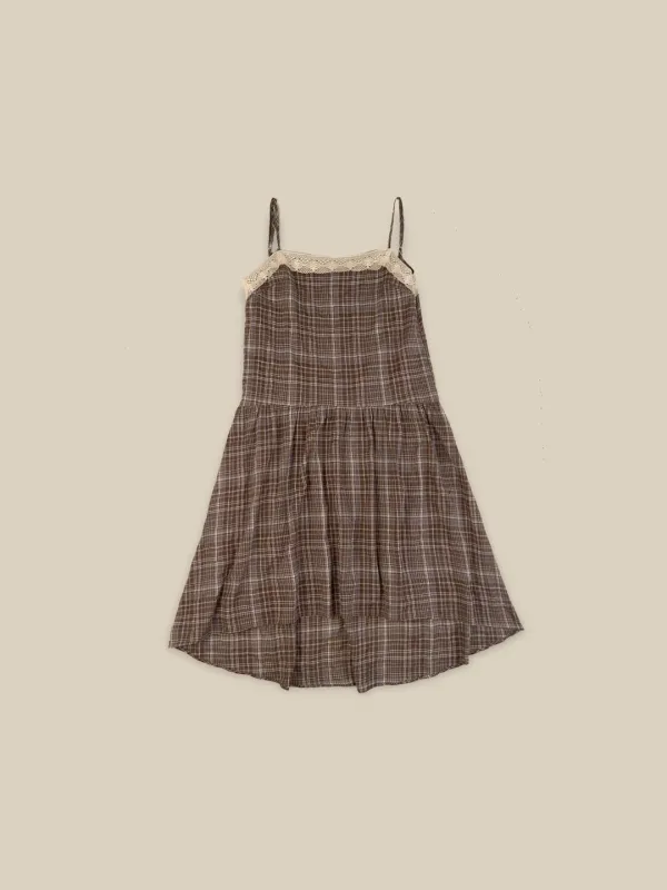 LACE CHECK LAYERED DRESS [ MULTI BROWN ]