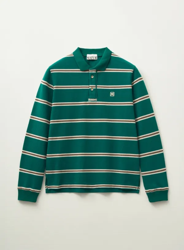 (W) Stripe Pique Polo Long Sleeve - Deep Green
