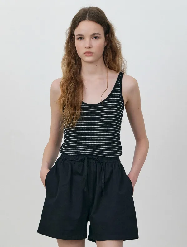 Linen tencel blend stripe knit sleeveless_Black