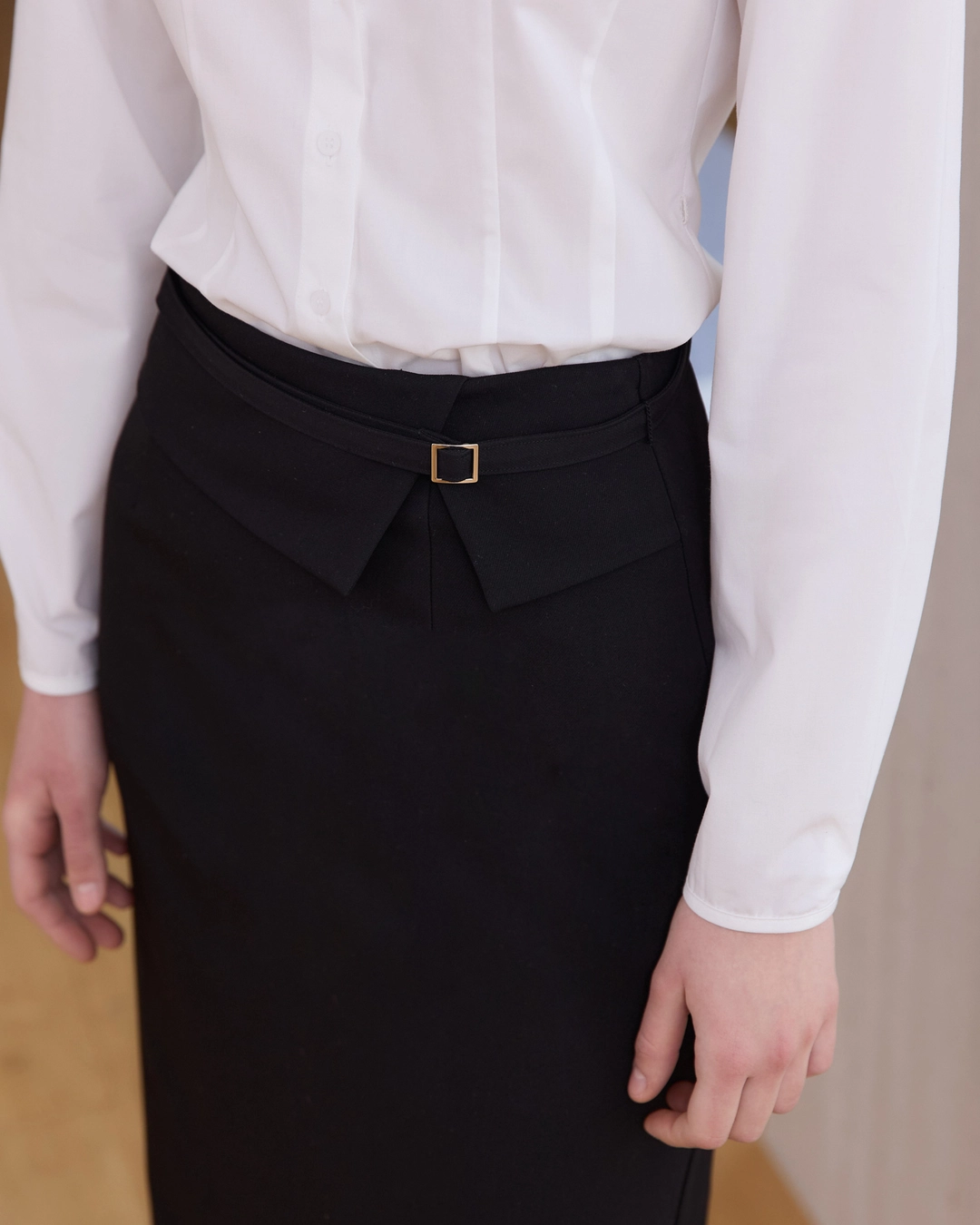 어다울 Classic belted H line long skirt - black 상품 이미지 2
