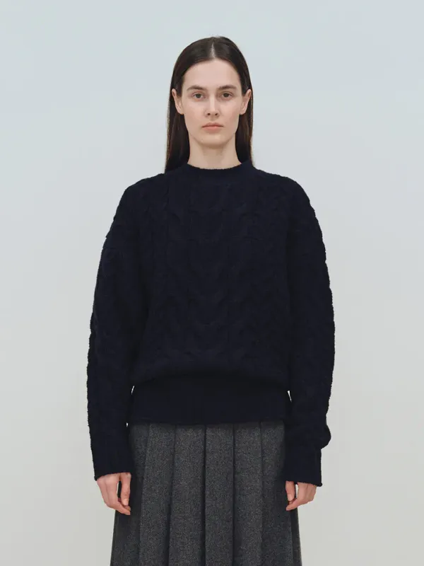 TFW WOOL BOUCLE CABLE KNIT TOP_NAVY
