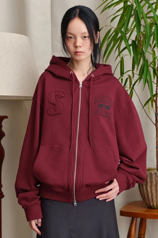 S LOGO PATCH HOODIE ZIP-UP, BURGUNDY
