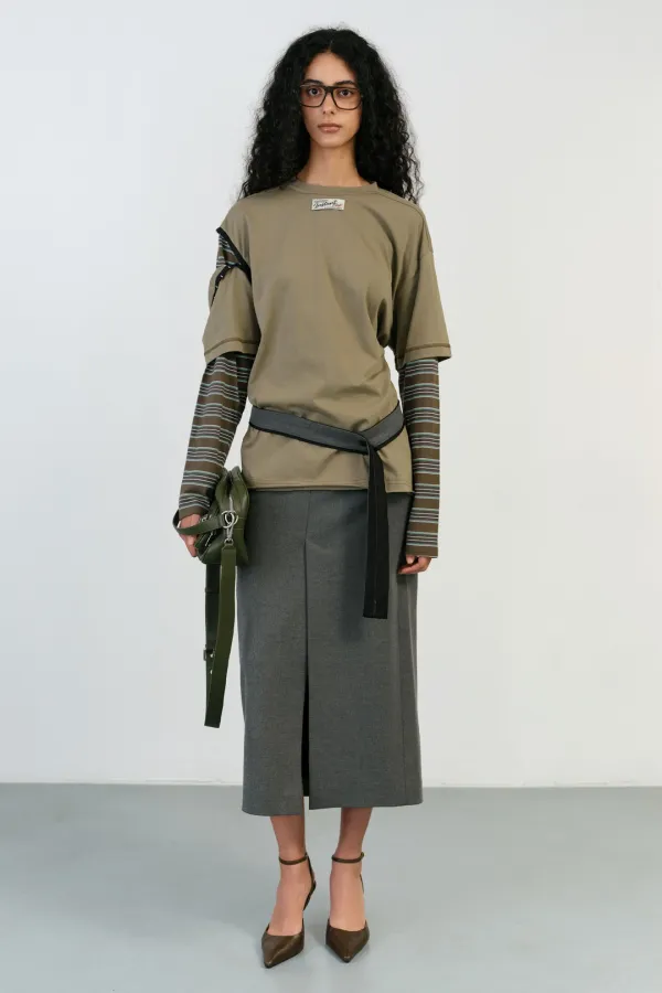 TIE BELTED LONG SKIRT - GREY