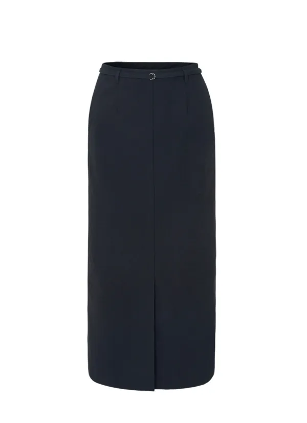 Slit Point Belted Long-Skirt (black)