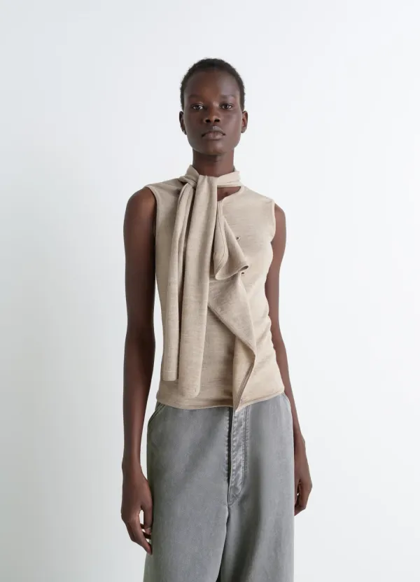 ASYMMETRICAL SLEEVELESS CARDIGAN IN MERINO BLEND