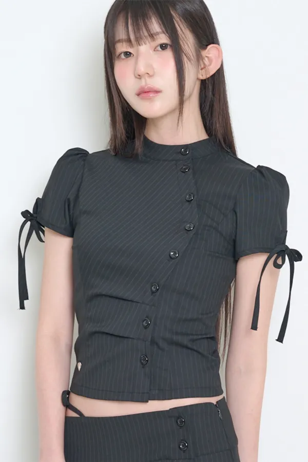 차이나 버튼 카라 탑 블랙 스트라이프
