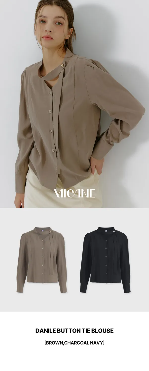 [44-120]  Danile Button Tie Blouse  다니레 버튼 타이 블라우스 (가을-봄-하객룩-가을하객룩-격식룩-오피스룩-출근룩-데일리룩-클래식-타이-긴팔블라우스-루즈핏-브이넥-체형커버-자체제작) - MICANE