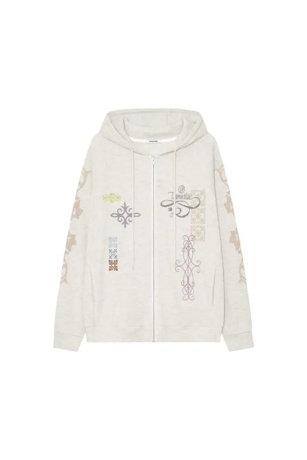 FOLK PATTERN WAFFLE ZIP-UP HOODIE (IVORY)