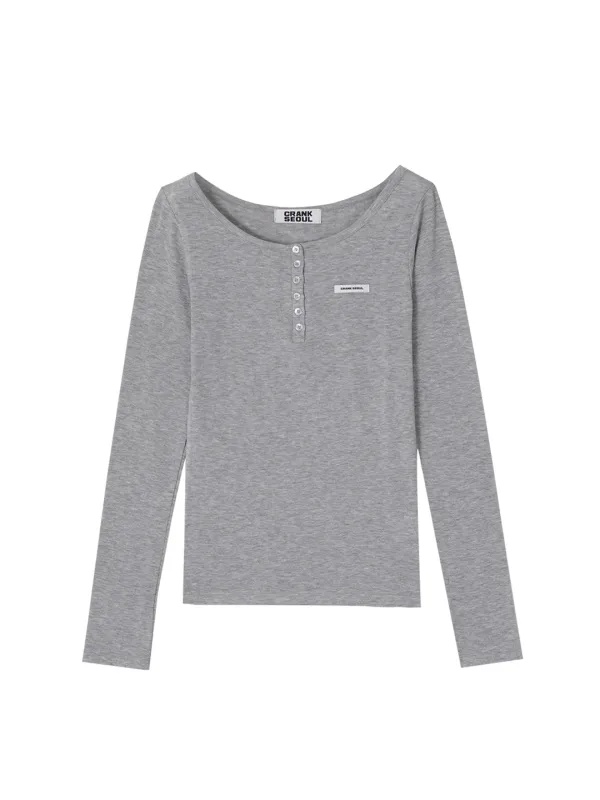 BASIC HENLEY NECK TOP_MELANGE GREY