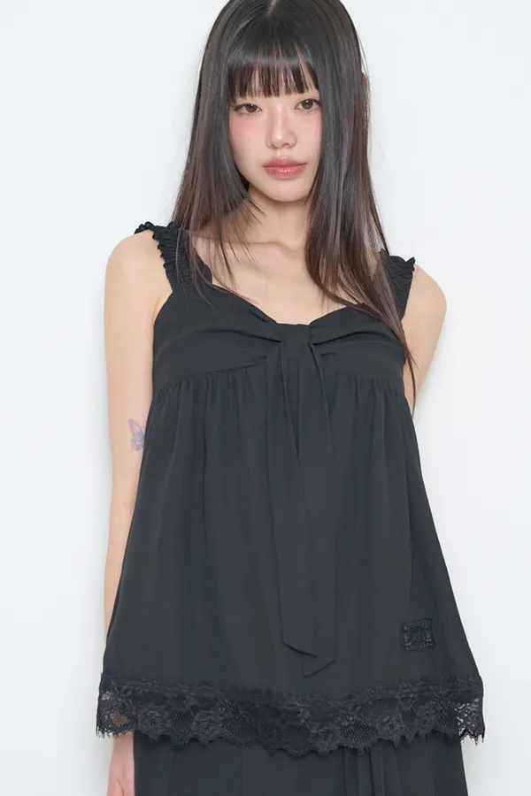 보우 쉬폰 레이스 슬리브리스 블랙