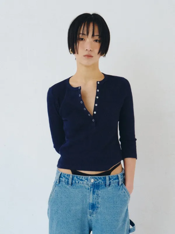 [PLZPROJECT]3/4 SLEEVE HENLEY T-SHIRT, NAVY