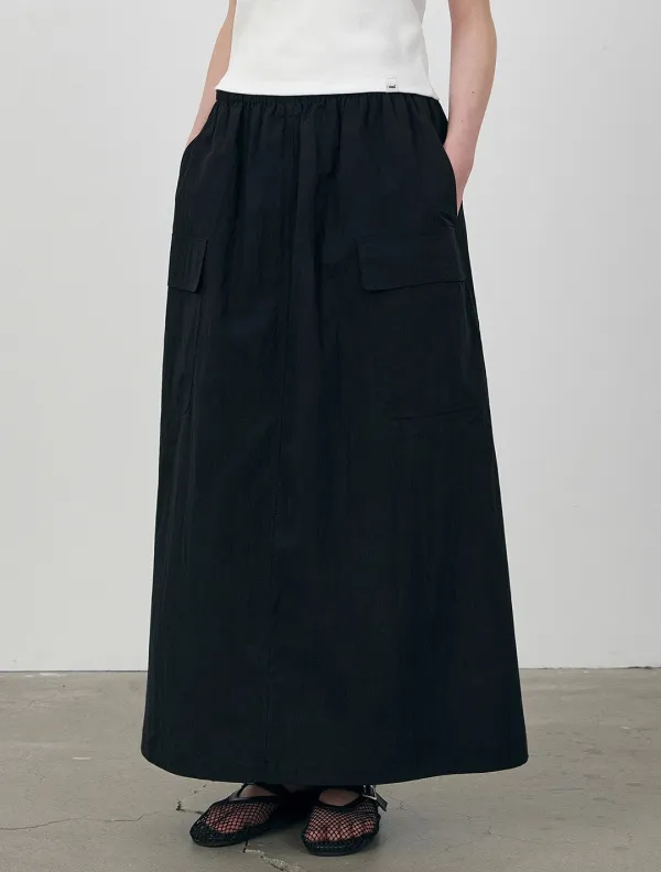 Flap pocket nylon cargo long skirt_Black