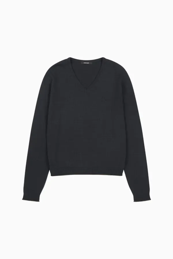 TWO TONE V-NECK KNIT, NAVY