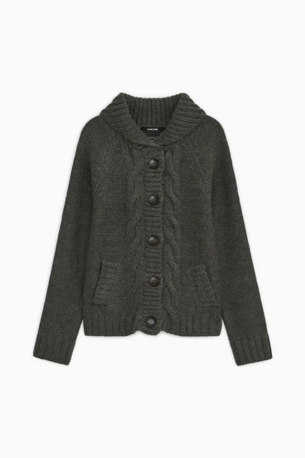 [10/6 SOON] SHAWL COLLAR CABLE KNIT CARDIGAN, CHARCOAL