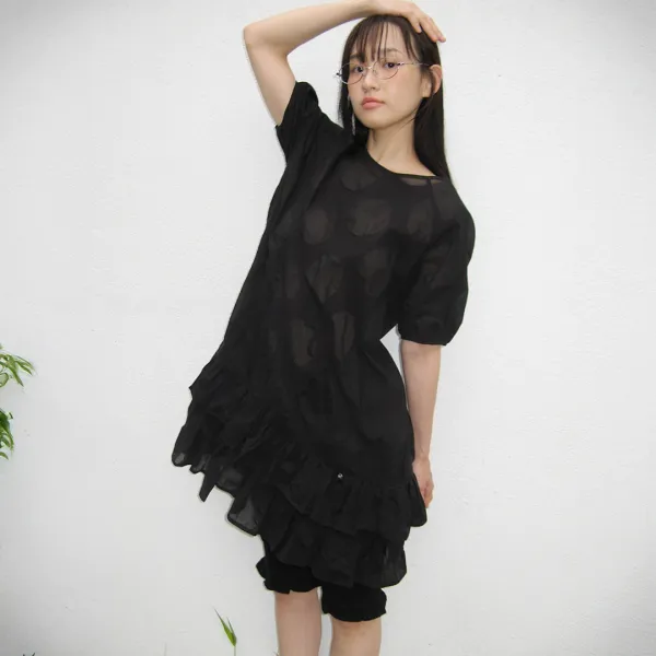 AIRY DOT RUFFLE LAYERED DRESS BLACK